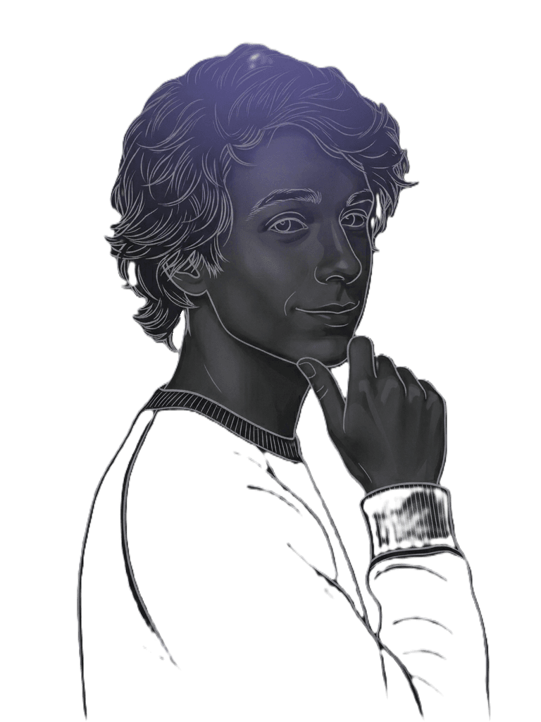 Retrato ilustrado de Johan Pigari em traço claro sobre fundo escuro